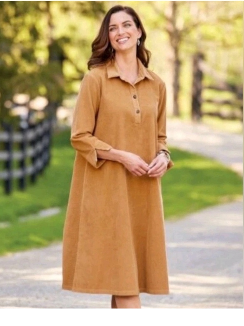Corduroy Polo Shirt Dress in Camel — Women’s Long Sleeve
